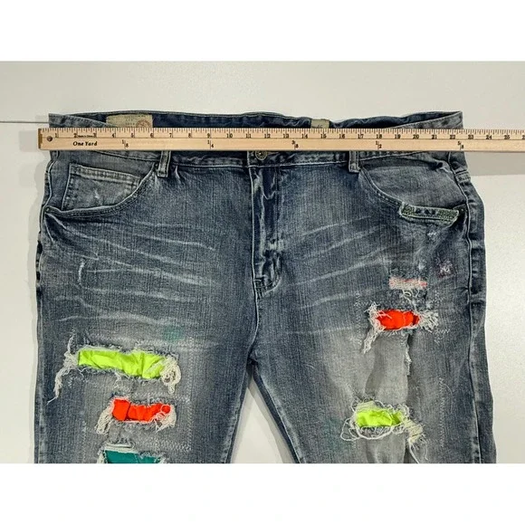 SMOKE RISE Denim Shorts Men Size 46 Distressed Neon Patch Frayed Hem 100 - Picture 7 of 12